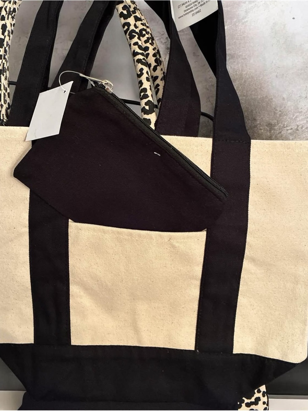 Canvas Tote Bag with Black Trim and Leopard-Print Handles